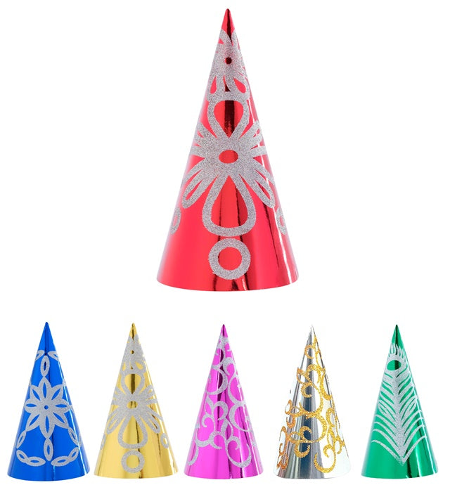  Decorated Metallic Cone Hat H 28 Cm - 4 Designs And 6 Colors Ass.