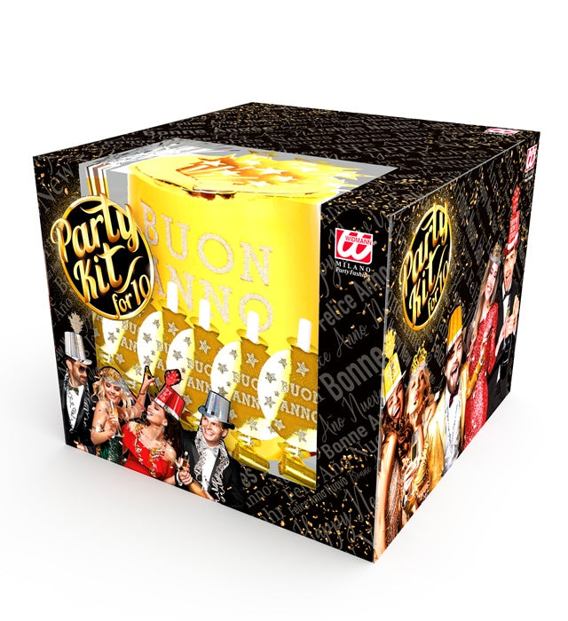 Gold Buon Anno Party Kit For 10 Persons  5 Top Hats, 5 Crowns, 5 Sounding Trumpets, 5 Sounding Blow-Outs, 1 Roll Of 10 Decorative Streamers 