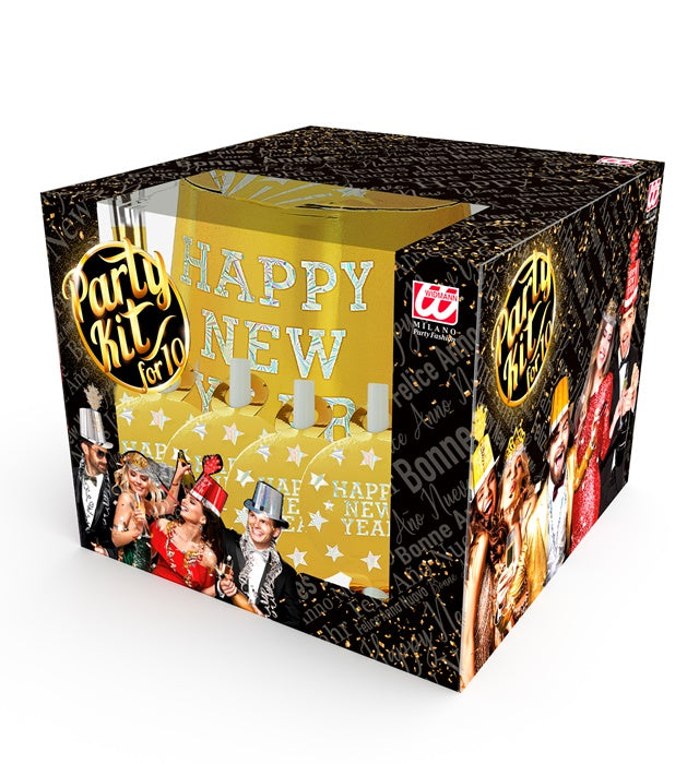 Gold Happy New Year Party Kit For 10 Persons  5 Top Hats, 5 Crowns,5 Sounding Trumpets, 5 Sounding Blow-Outs, 1 Roll Of 10 Decorative Streamers 