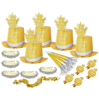 Gold Happy New Year Party Kit For 10 Persons  5 Top Hats, 5 Crowns,5 Sounding Trumpets, 5 Sounding Blow-Outs, 1 Roll Of 10 Decorative Streamers 