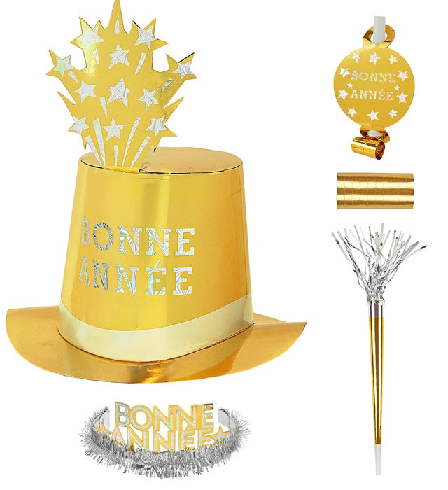 Gold Bonne Année Party Kit For 10 Persons  5 Top Hats, 5 Crowns, 5 Sounding Trumpets, 5 Sounding Blow-Outs, 1 Roll Of 10 Decorative Streamers 