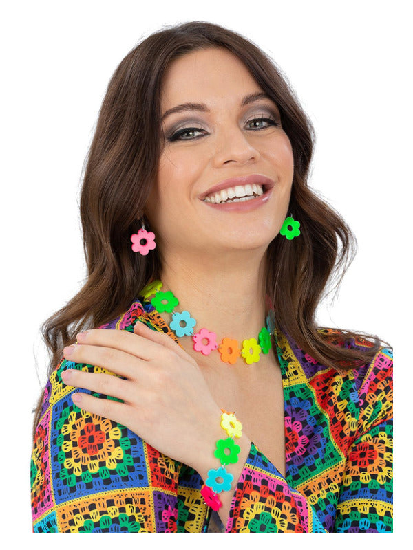 Neon Flower Power Jewellery Set Necklace Bracelet Earrings 1