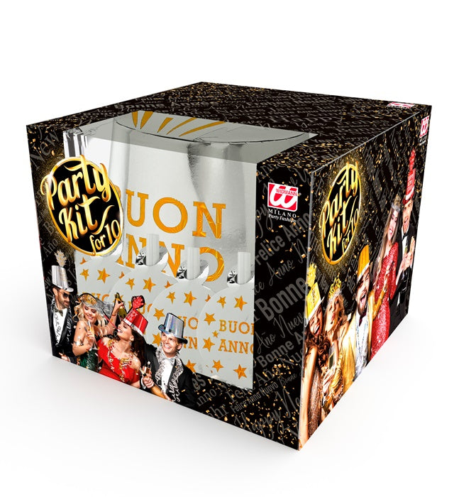 Silver Buon Anno Party Kit For 10 Persons  5 Top Hats, 5 Crowns, 5 Sounding Trumpets, 5 Sounding Blow-Outs, 1 Roll Of 10 Decorative Streamers 