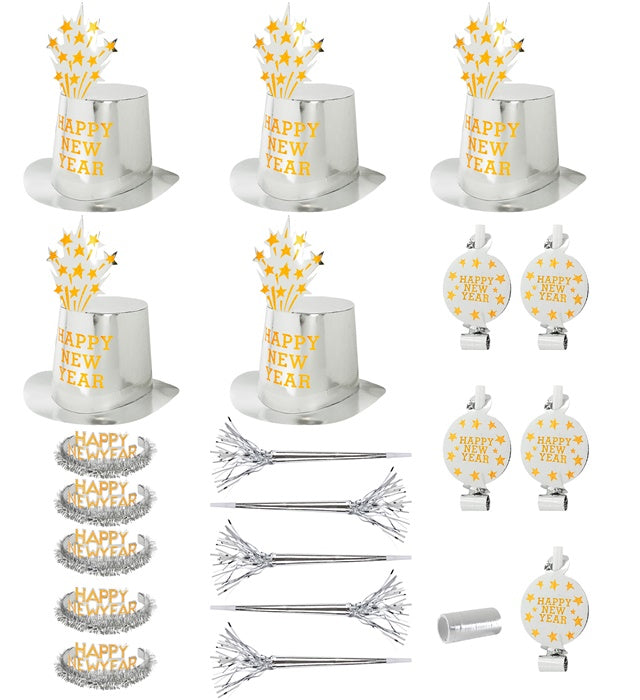 Silver Happy New Year Party Kit For 10 Persons  5 Top Hats, 5 Crowns, 5 Sounding Trumpets, 5 Sounding Blow-Outs, 1 Roll Of 10 Decorative Streamers 