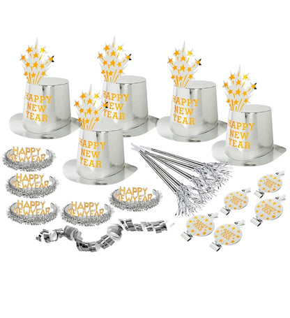 Silver Happy New Year Party Kit For 10 Persons  5 Top Hats, 5 Crowns, 5 Sounding Trumpets, 5 Sounding Blow-Outs, 1 Roll Of 10 Decorative Streamers 