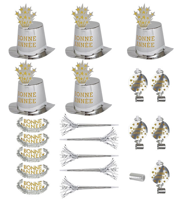 Silver Bonne Année Party Kit For10 Persons  5 Top Hats, 5 Crowns, 5 Sounding Trumpets, 5 Sounding Blow-Outs, 1 Roll Of 10 Decorative Streamers 