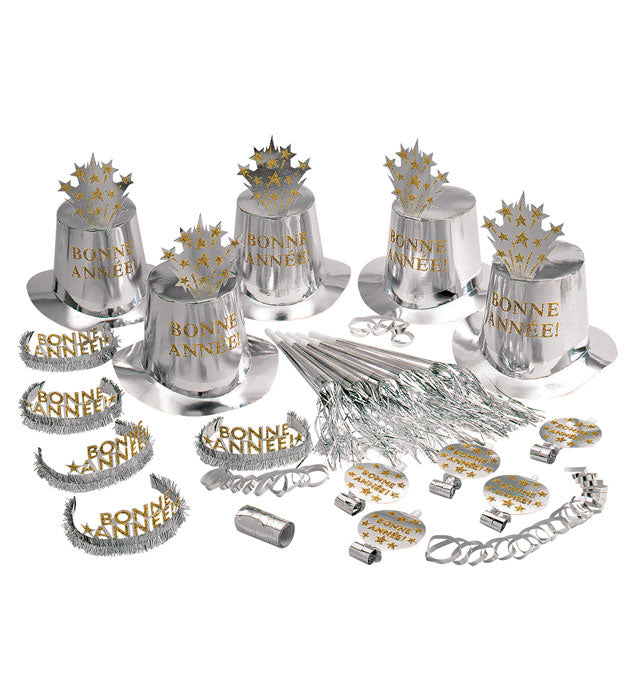 Silver Bonne Année Party Kit For10 Persons  5 Top Hats, 5 Crowns, 5 Sounding Trumpets, 5 Sounding Blow-Outs, 1 Roll Of 10 Decorative Streamers 
