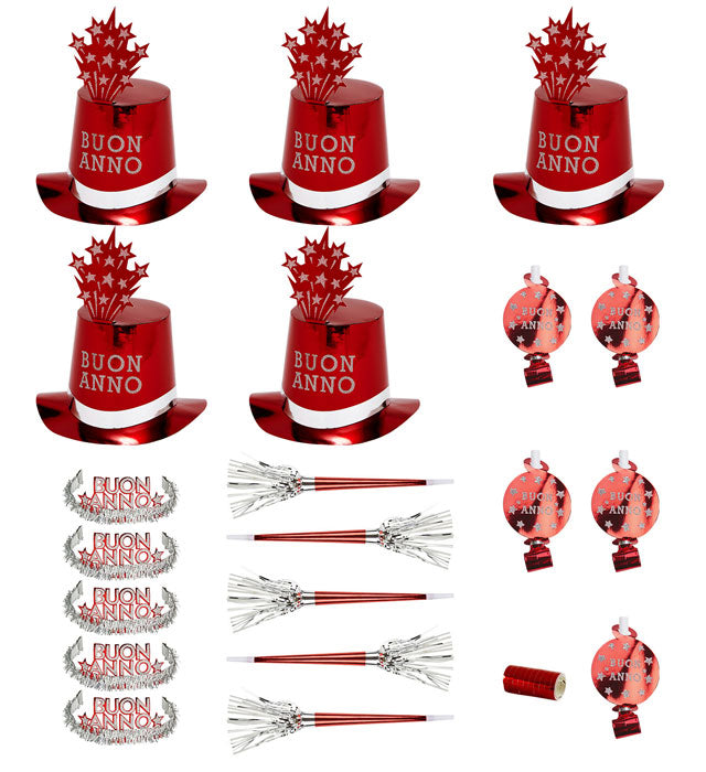 Red Buon Anno Party Kit For 10 Persons  5 Top Hats, 5 Crowns, 5 Sounding Trumpets, 5 Sounding Blow-Outs, 1 Roll Of 10 Decorative Streamers 