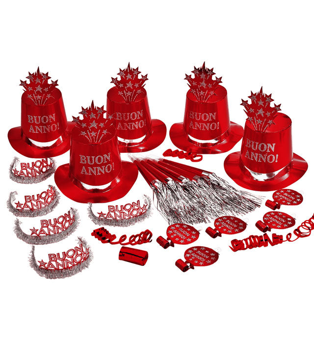 Red Buon Anno Party Kit For 10 Persons  5 Top Hats, 5 Crowns, 5 Sounding Trumpets, 5 Sounding Blow-Outs, 1 Roll Of 10 Decorative Streamers 