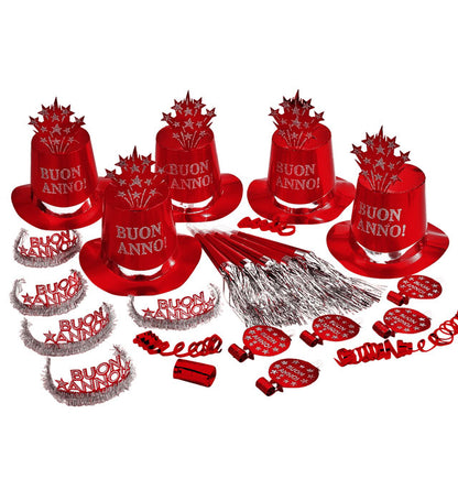 Red Buon Anno Party Kit For 10 Persons  5 Top Hats, 5 Crowns, 5 Sounding Trumpets, 5 Sounding Blow-Outs, 1 Roll Of 10 Decorative Streamers 