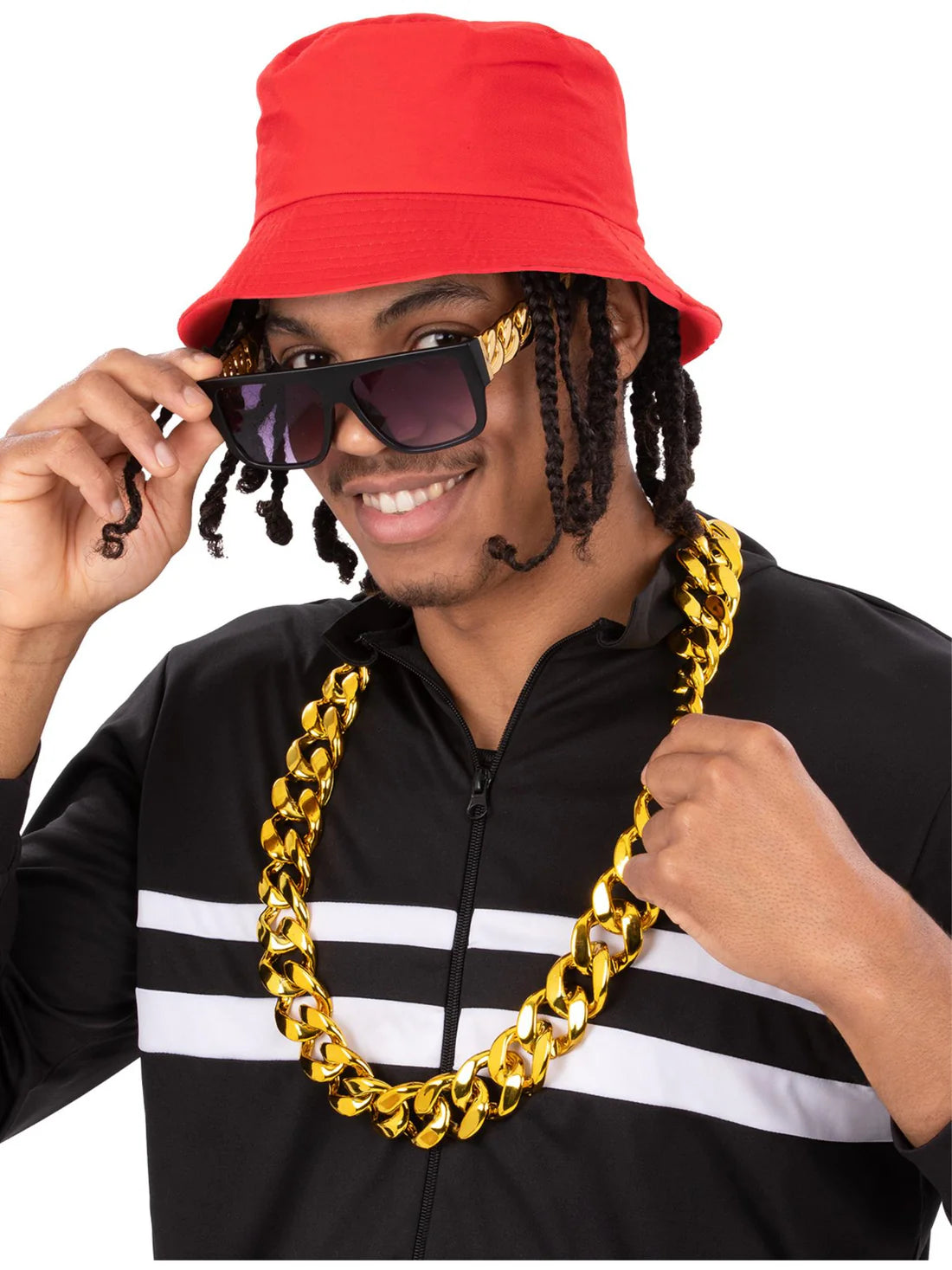 90s Hip Hop Kit Red Bucket Hat Specs Chain Necklace 2