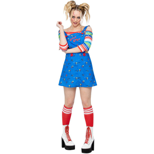Chucky Costume Ladies Blue Pinafore Mini Dress and Striped Crop Top 1