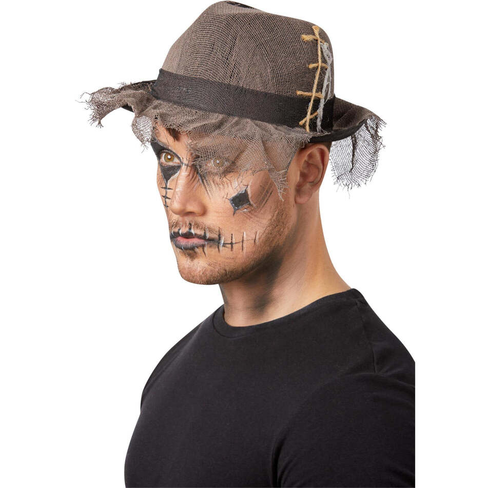 Gothic Distressed Linen Style Trilby Hat Grey Adult Horror Costume Accessory 1