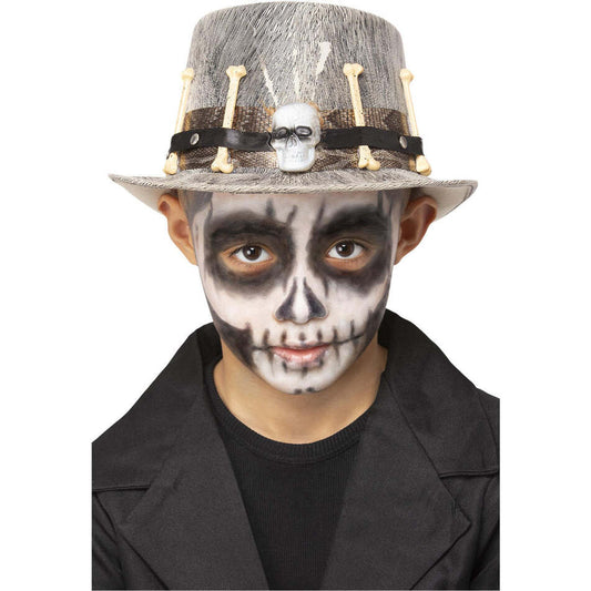 Kids Grey Voodoo Distressed Top Hat with Skull and Bones Detail Costume Accessory 1
