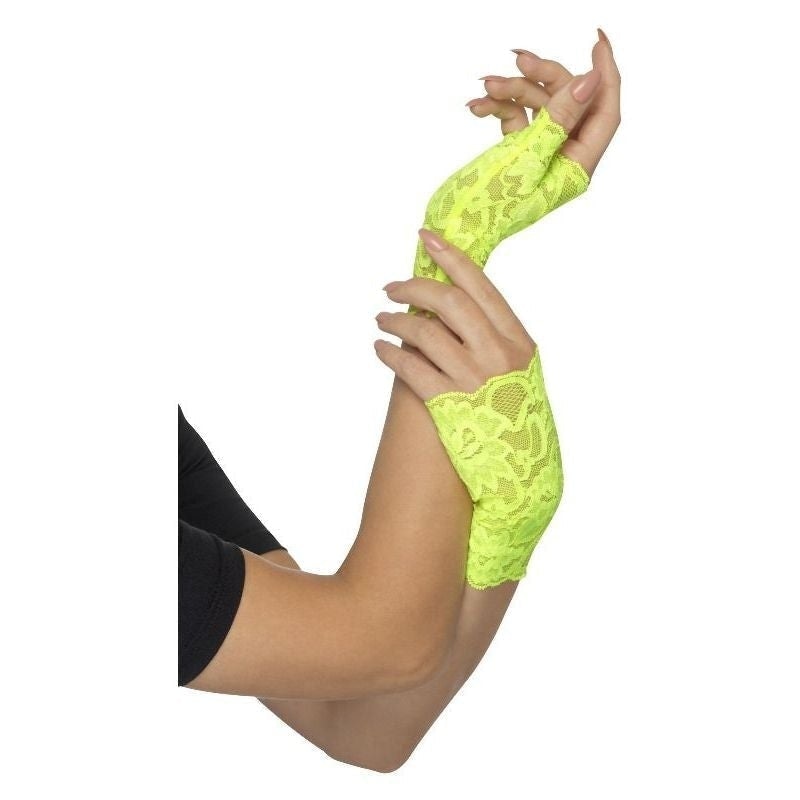 80s Fingerless Lace Gloves Adult Neon Green Short 2