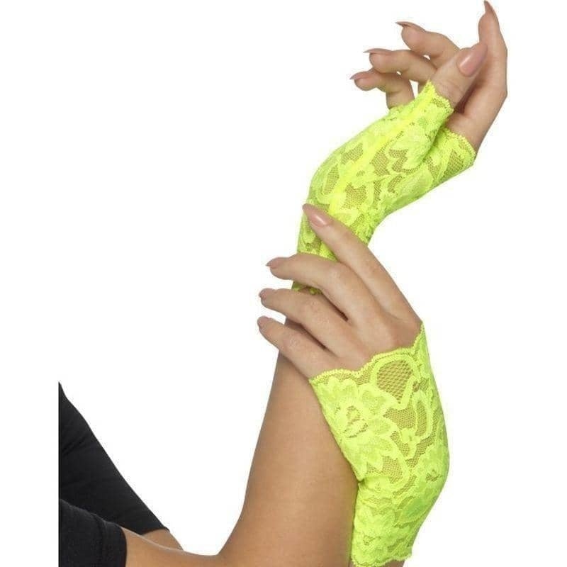 80s Fingerless Lace Gloves Adult Neon Green Short 1