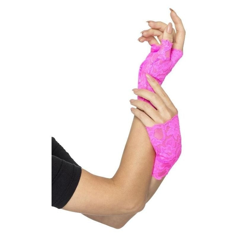 80s Fingerless Lace Gloves Adult Neon Pink 2