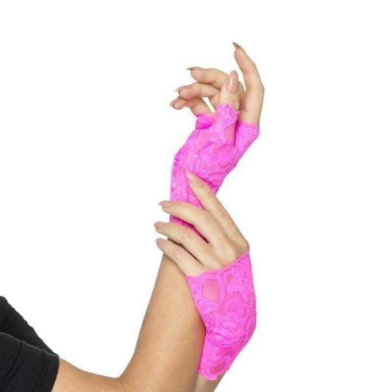 80s Fingerless Lace Gloves Adult Neon Pink_1