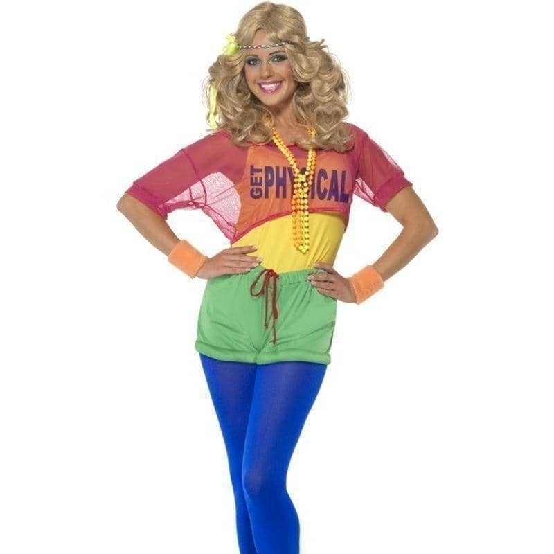 80s Lets Get Physical Girl Costume Adult Multi Coloured Leotard Top Shorts Headband 1