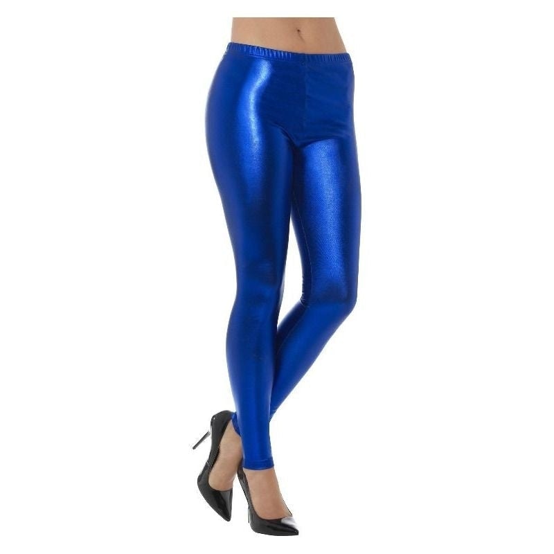 80s Metallic Blue Disco Leggings Footless Costume Tights 1