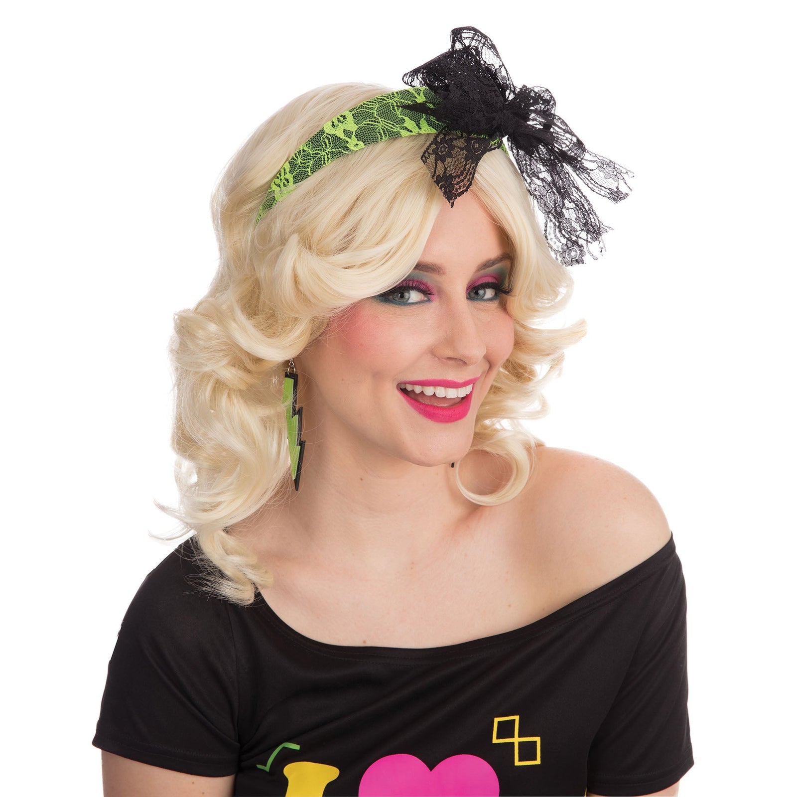 80s Neon Lace Headband Yellow 1
