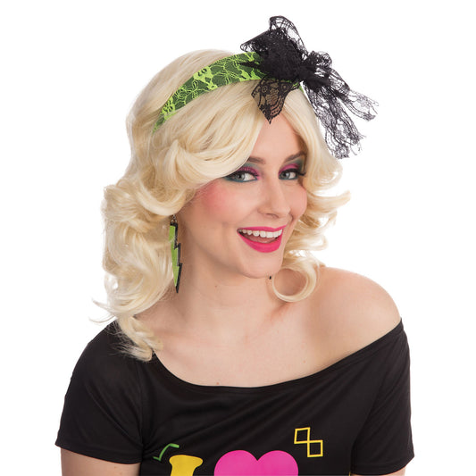 80s Neon Lace Headband Yellow 1
