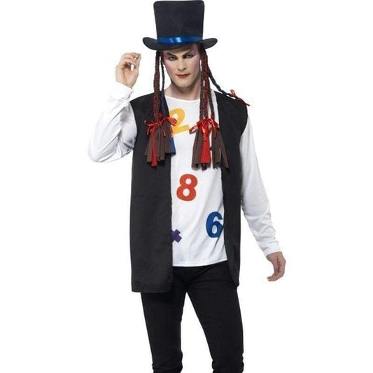 80s Pop Star Costume Adult Multi Coloured Top Waistcoat Hat 1