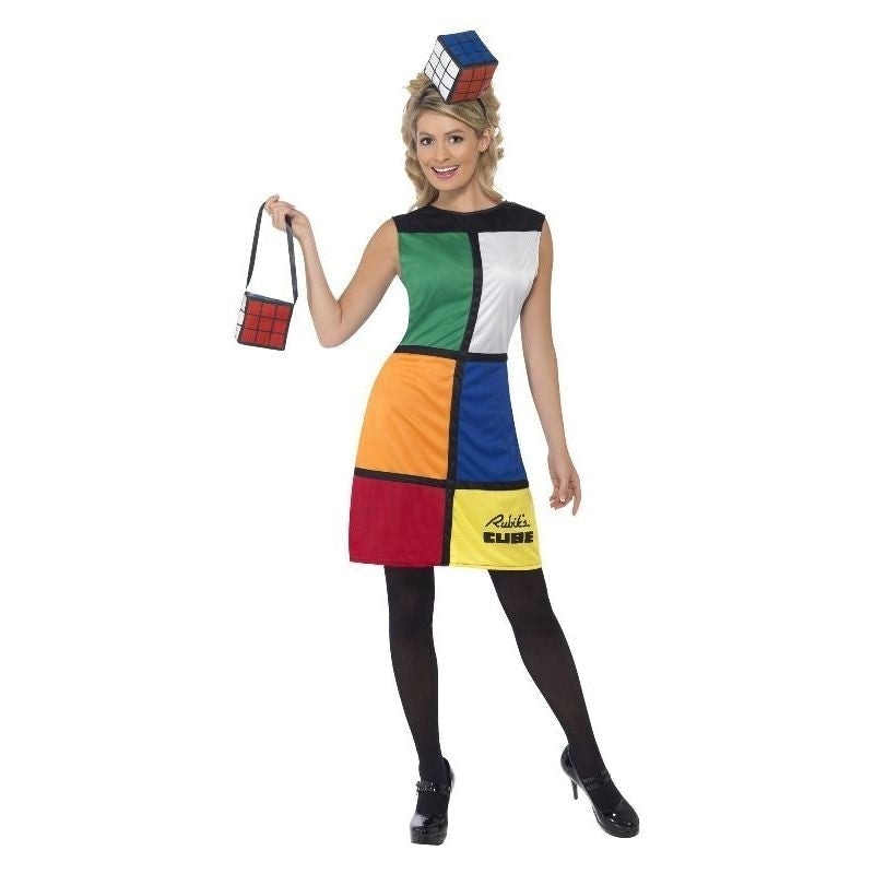 80s Rubiks Cube Costume Adult Multi Coloured Dress Bag Headband 3