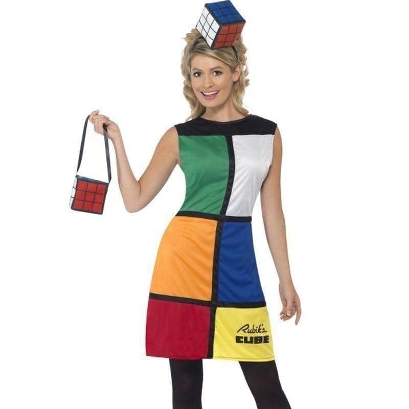 80s Rubiks Cube Costume Adult Multi Coloured Dress Bag Headband_1