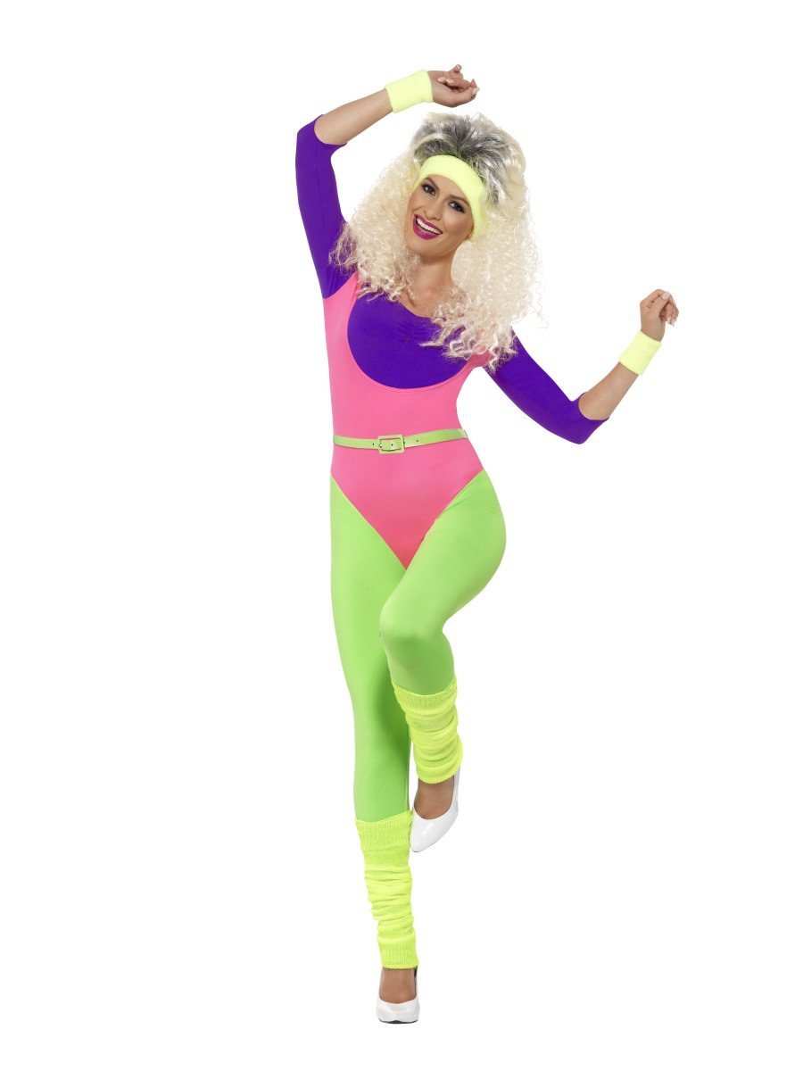 80s Work Out Costume Jumpsuit Adult Purple Pink Green 4