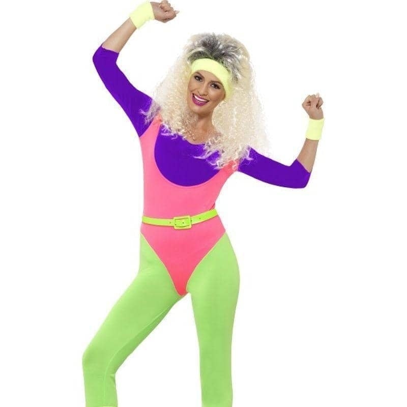 80s Work Out Costume Jumpsuit Adult Purple Pink Green 1