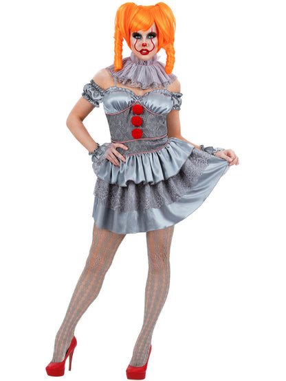 IT Chapter Two Pennywise Ladies Costume Mini Dress Neck Ruffle Sleeves Cuffs Tights 4