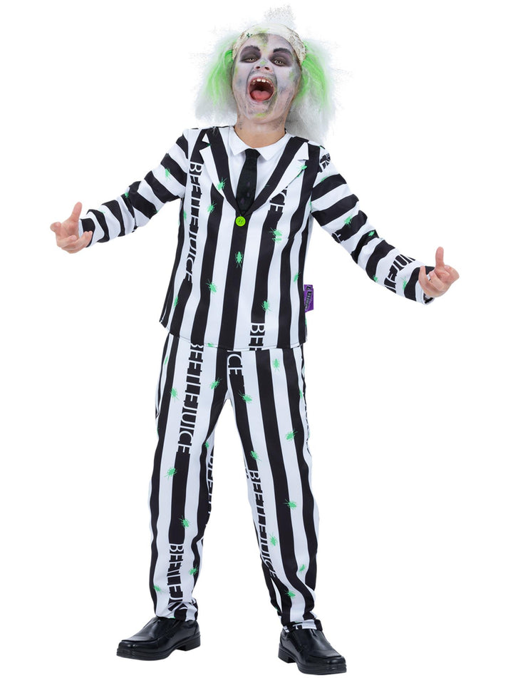 Kids Beetlejuice Costume Striped Trousers Jacket Mock Shirt and Tie 4