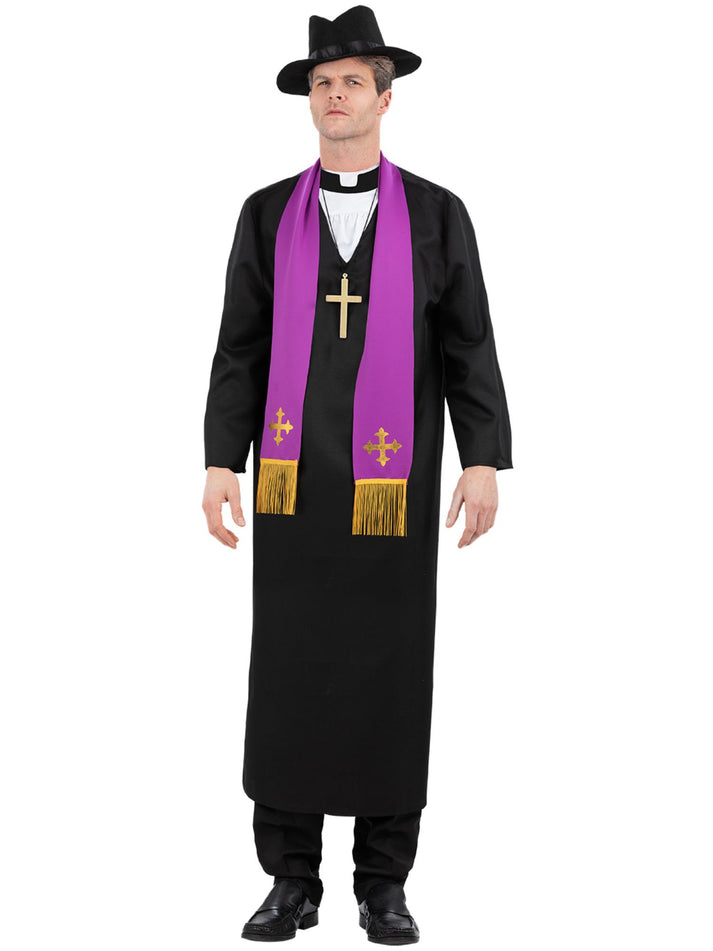 The Exorcist Father Merrin Priest Costume Robe with Inserted Collar Stole Cross Necklace and Hat 4