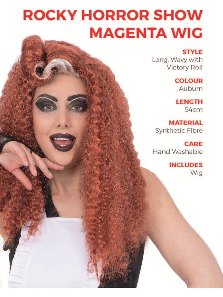 Rocky Horror Show Magenta Wig Red Long Wavy with Victory Roll