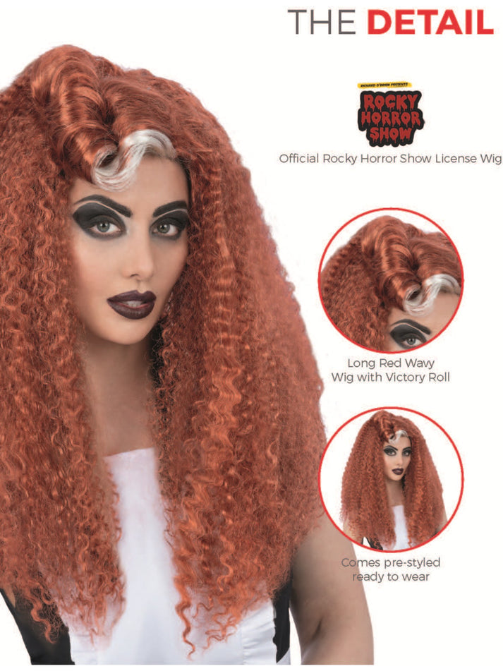 Rocky Horror Show Magenta Wig Red Long Wavy with Victory Roll