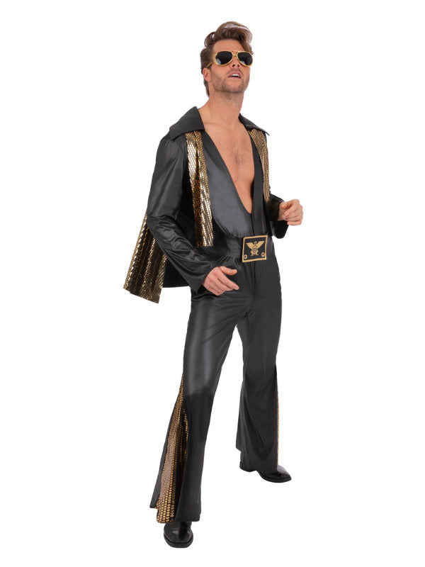 Elvis Black Jumpsuit All In One Costume with Gold Details Cape Adult 1