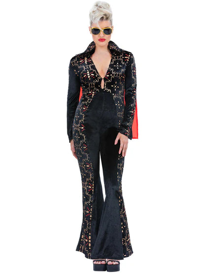 Elvis Black Rhinestone Costume Jumpsuit Costume with Red Cape for Women 4