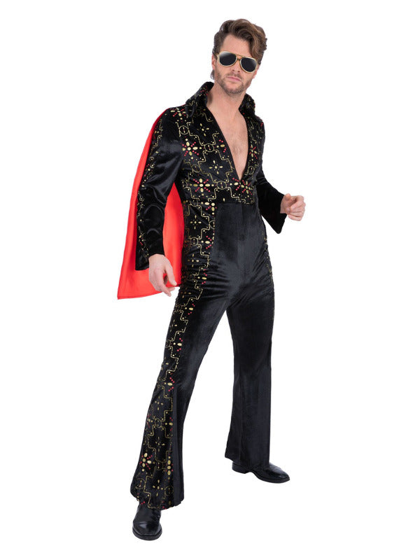 Elvis Black Rhinestone Jumpsuit Costume with Red Cape for Men 1