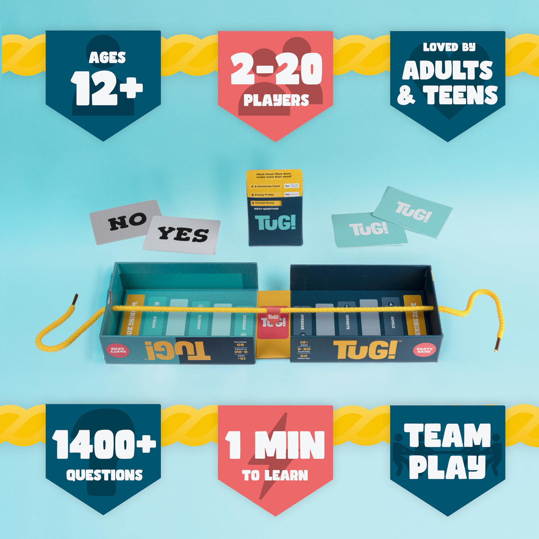 TUG! The Team Trivia Game with a Mini Tug of War in The Box | Perfect for 2-20 Players | Ultimate Holiday Game for Teens, Adults and Family Game Night | Great Gift or Stocking Stuffer | Ages 11+