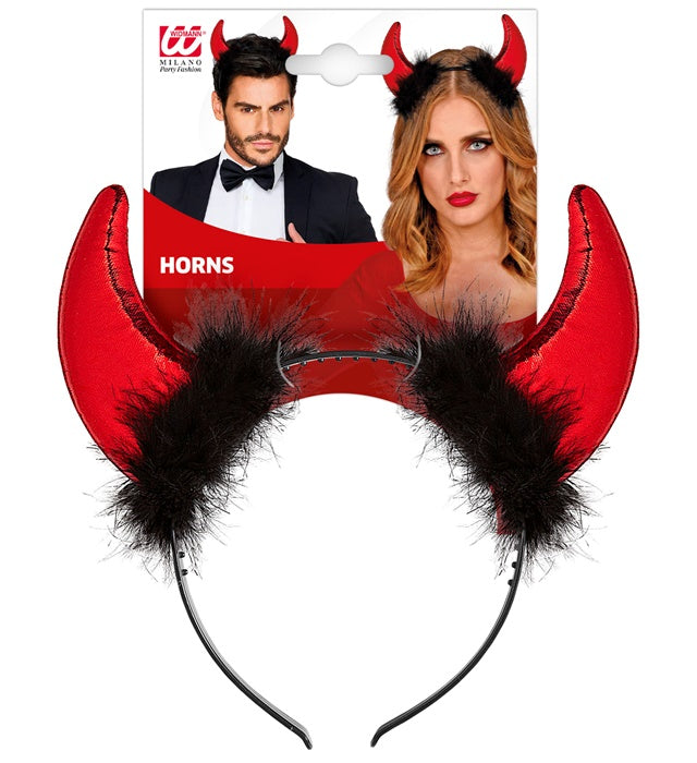 Red Metallic Horns With Marabou And Tinsel Trim