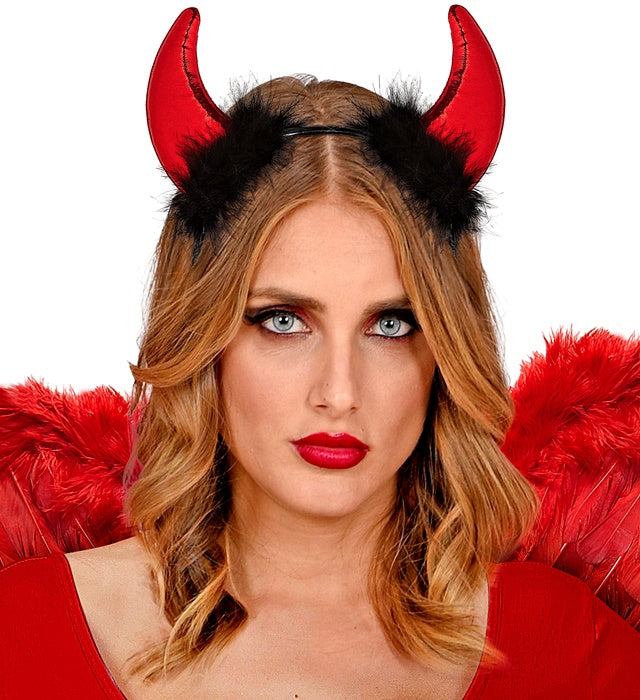 Red Metallic Horns With Marabou And Tinsel Trim