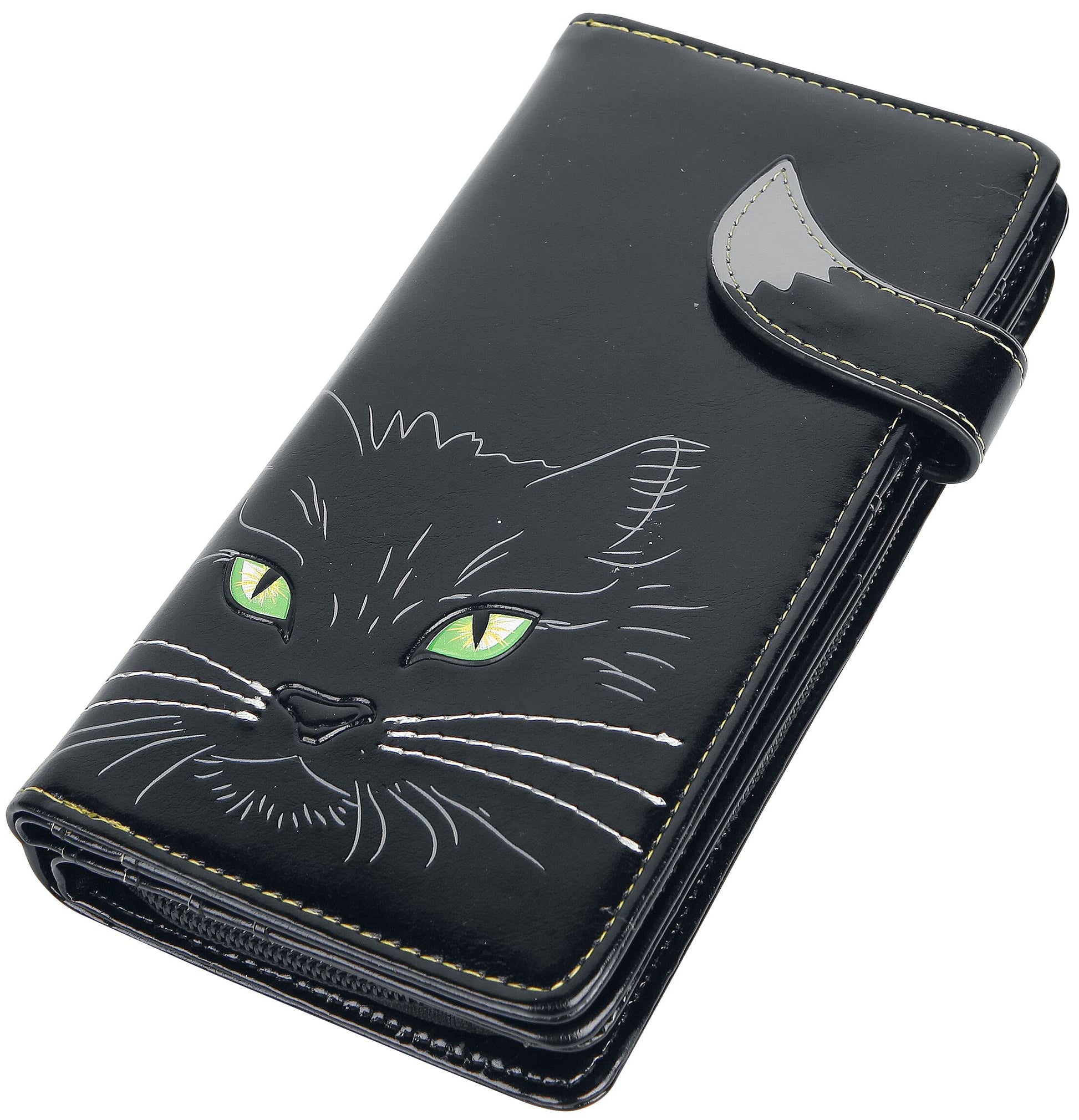 Black Lucky Cat Purse Embossed Eye Tail Wallet Large 18.5cm 2