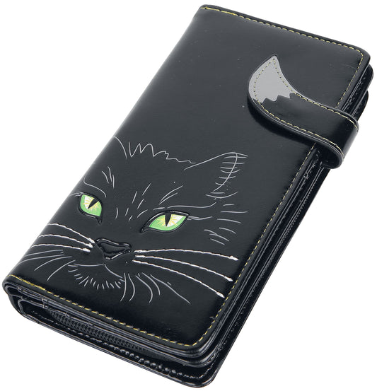 Black Lucky Cat Purse Embossed Eye Tail Wallet Large 18.5cm 2