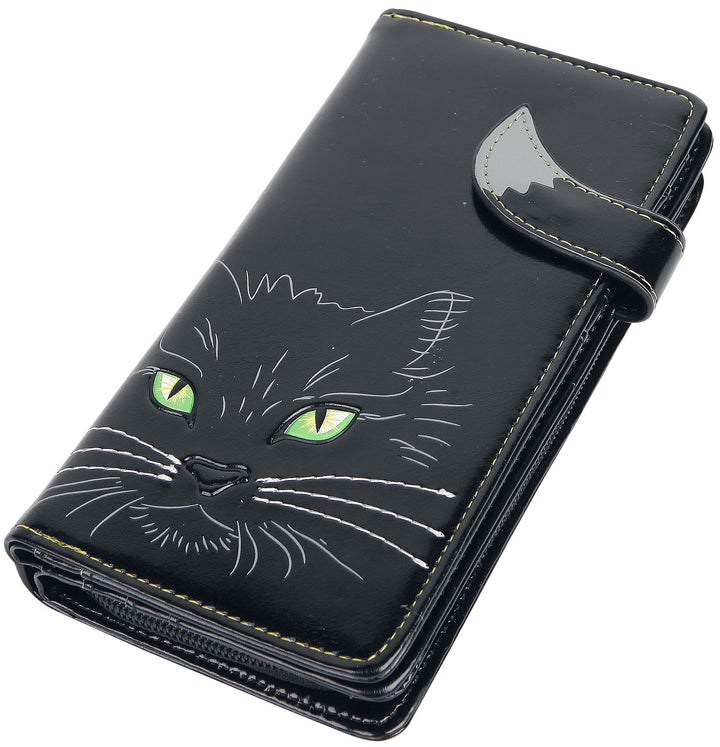 Black Lucky Cat Purse Embossed Eye Tail Wallet Large 18.5cm