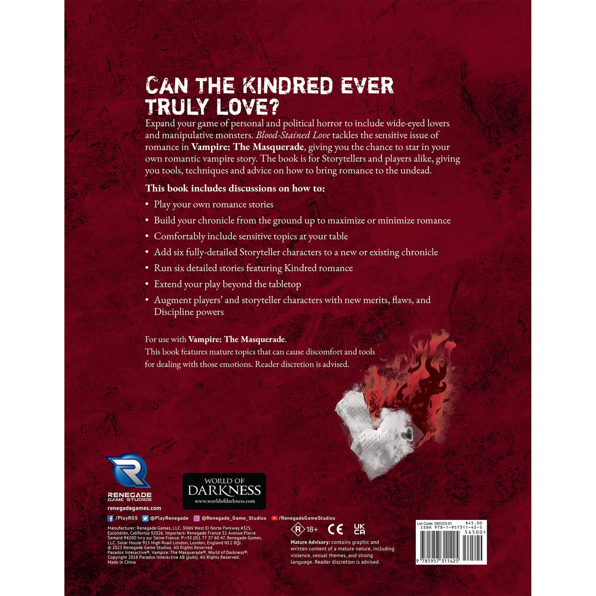 Renegade Game Studios: Vampire: The Masquerade 5th Edition Roleplaying Game Blood-Stained Love Sourcebook 2