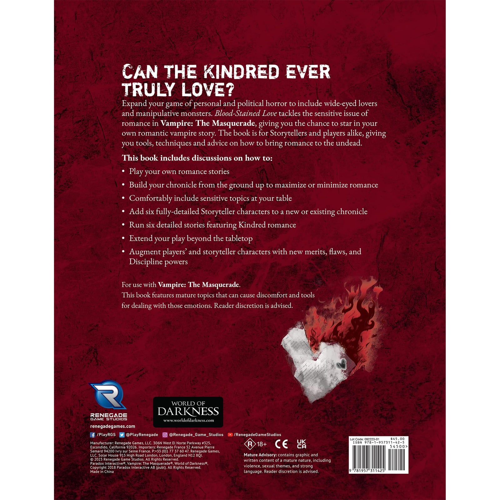 Renegade Game Studios: Vampire: The Masquerade 5th Edition Roleplaying Game Blood-Stained Love Sourcebook 2