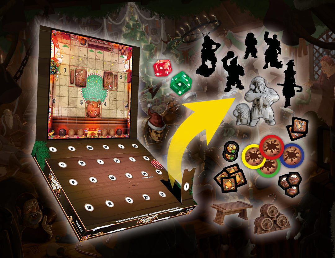 Barroom Brawl - Fantasy Tavern Mayhem Game, 24-Day Calendar with Pre-Assembled Miniatures & Scenery, Perfect Family Game with Daily Surprises Until Christmas, Made by Mantic Games