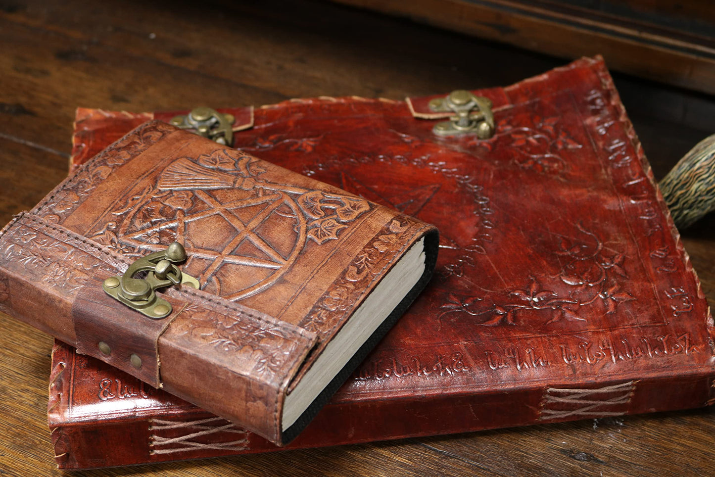 Large Lockable Red Leather Book of Shadow with Embossed Floral Pentagram 35cm 3