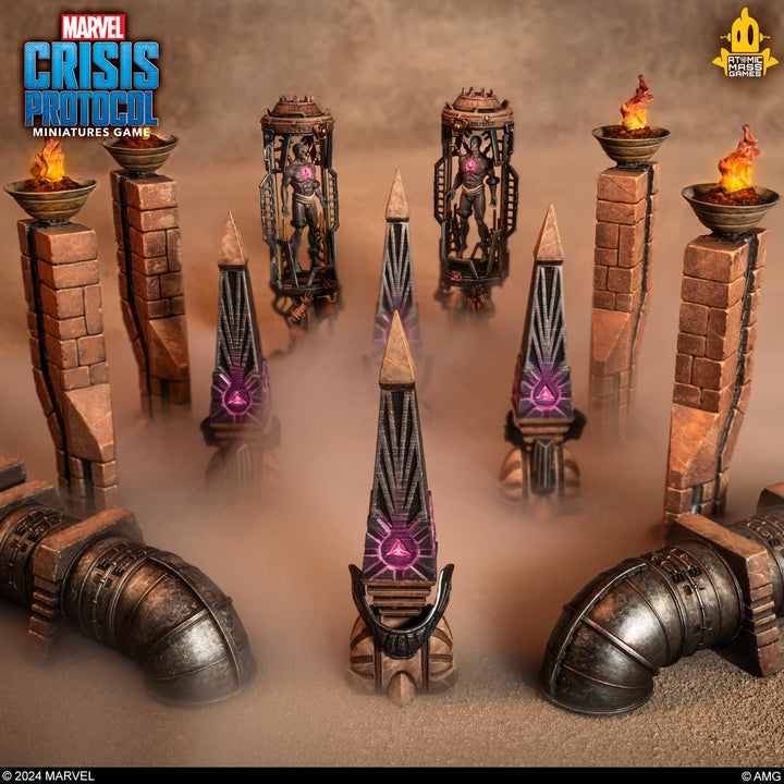 Marvel: Crisis Protocol Dark Future Terrain Pack - Enhance Battles with Wakandan Statues & One-Shot Card! Tabletop Superhero Game, Ages 14+, 2 Players, 90 Min Playtime